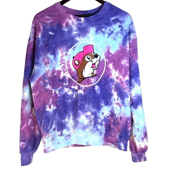 Buc-ees Blue Purple Tie Dye Graphic Logo Crewneck Sweatshirt Women's Size Small - Picture 1 of 5